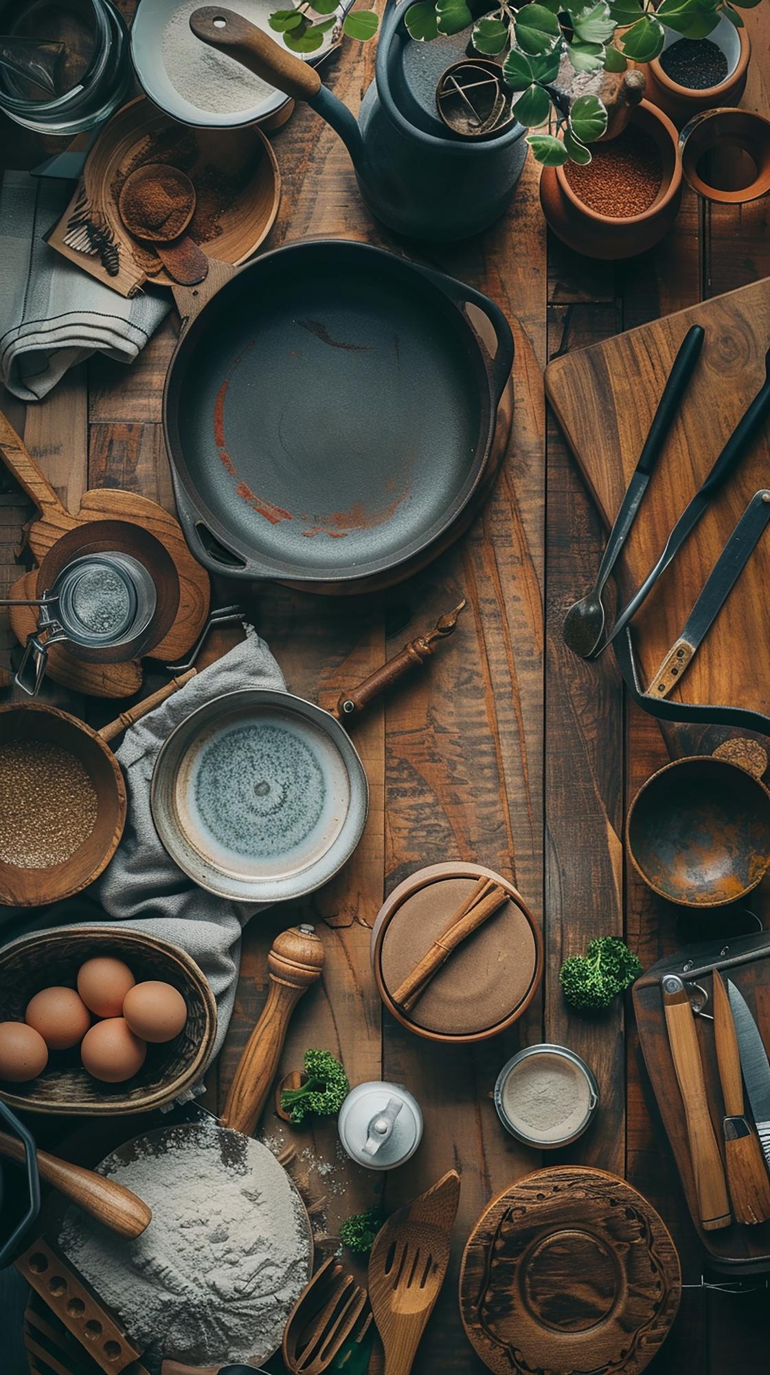 Intimate kitchen studio with wooden table and tools